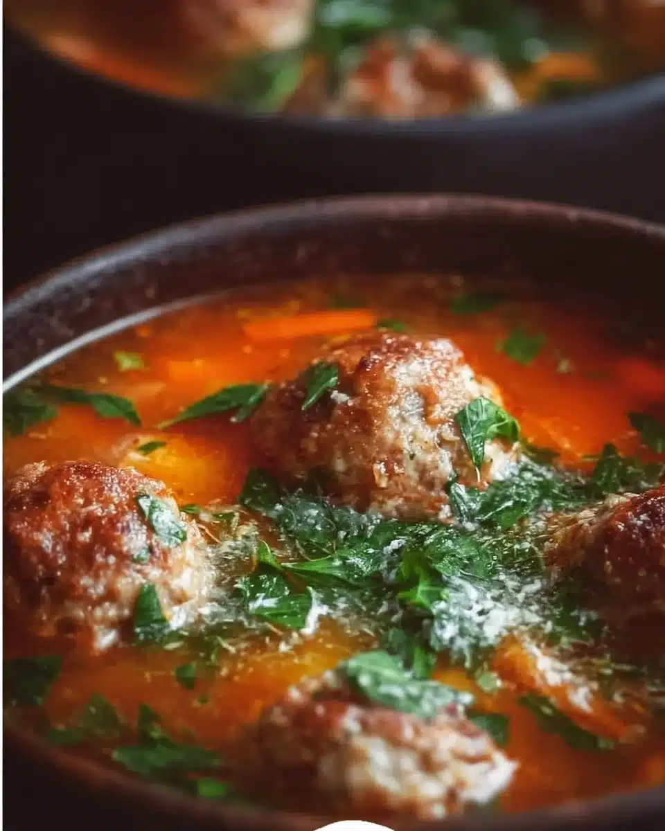 A bowl of easy slow cooker meatball soup with fresh herbs and vegetables