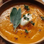 Bowl of easy slow cooker pumpkin soup garnished with herbs