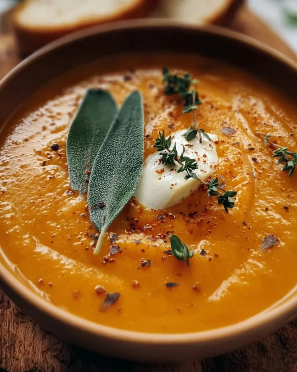 Bowl of easy slow cooker pumpkin soup garnished with herbs
