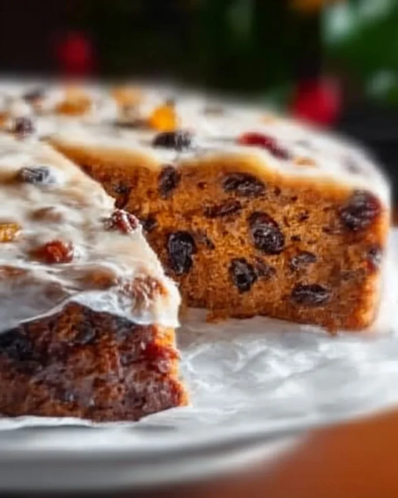 Delicious easy vegan Christmas cake decorated with festive fruits and spices.