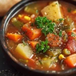Bowl of easy vegetable soup with colorful vegetables