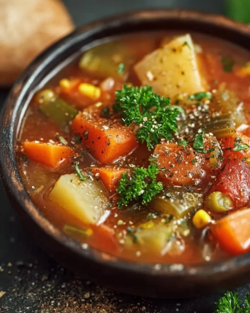 Bowl of easy vegetable soup with colorful vegetables