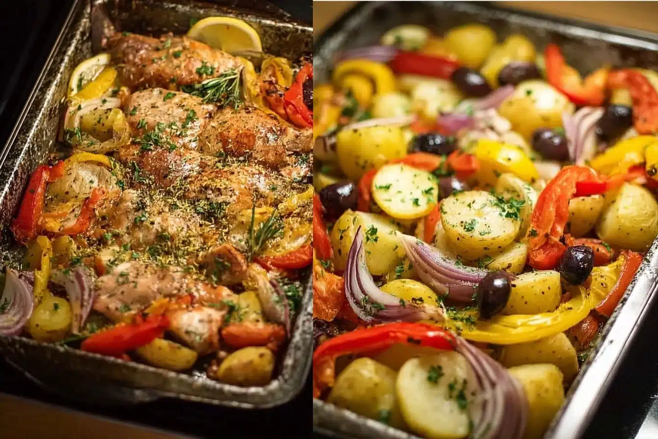 Colorful family-friendly sheet pan supper with chicken and vegetables.