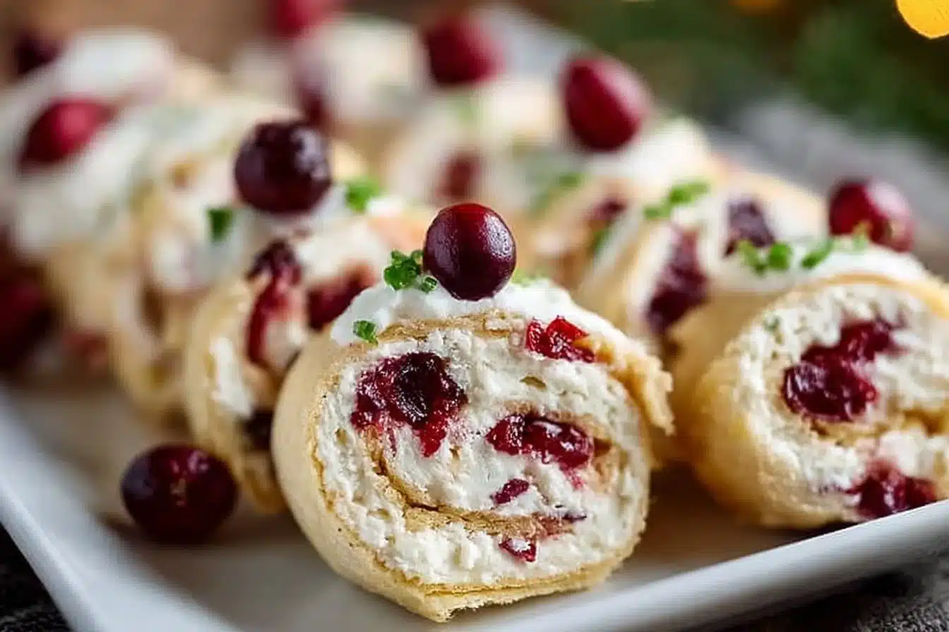 Delicious festive Christmas Cranberry Roll Ups served on a platter