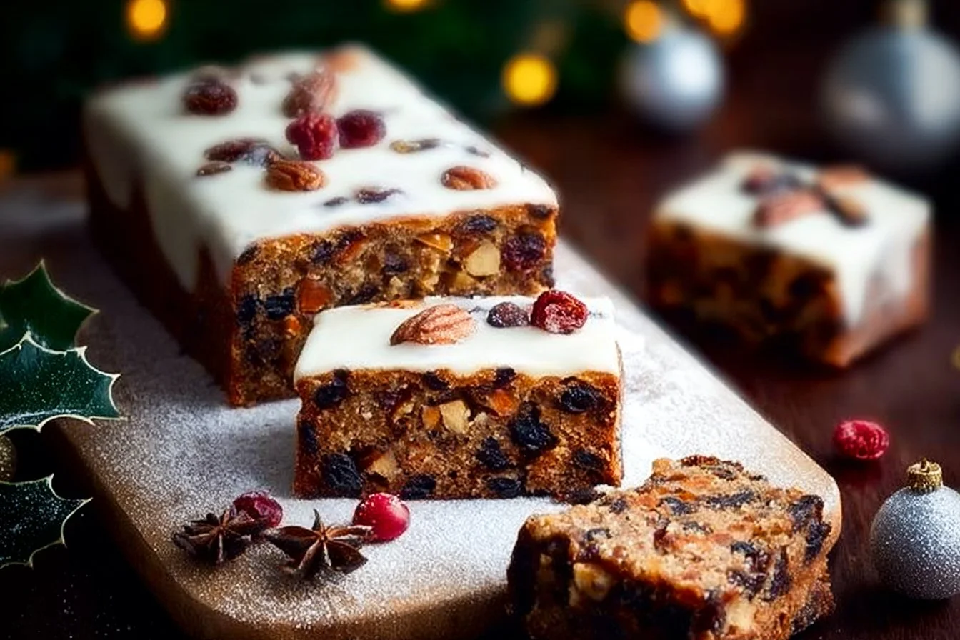 Festive Christmas fruitcake traybake topped with fruits and nuts