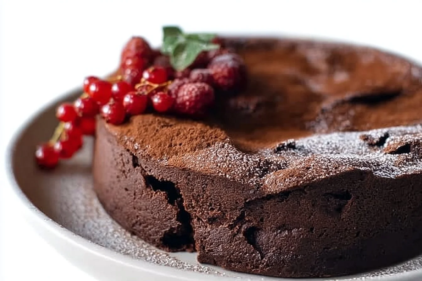 Delicious homemade Flourless Chocolate Cake topped with chocolate shavings