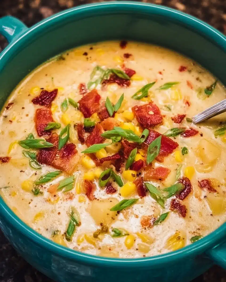 Bowl of fresh corn chowder topped with herbs and served with crusty bread