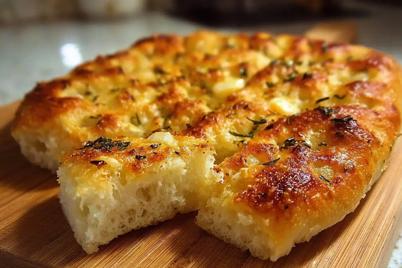 Freshly baked Garlic Parmesan Focaccia bread topped with herbs and cheese