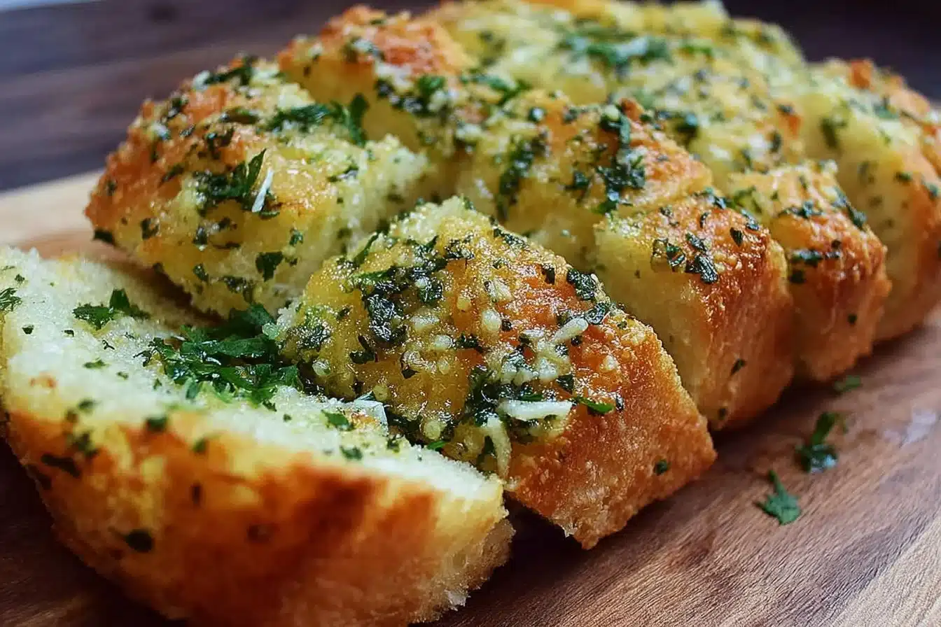 Freshly baked Garlic Parmesan Herb Bread with herbs and cheese.