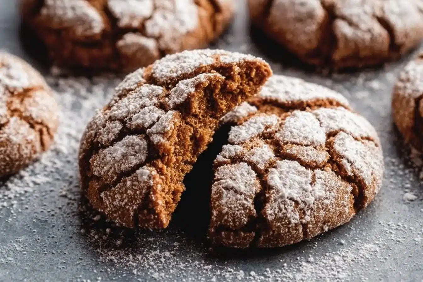 Freshly baked Gingerbread Crinkle Cookies dusted with powdered sugar