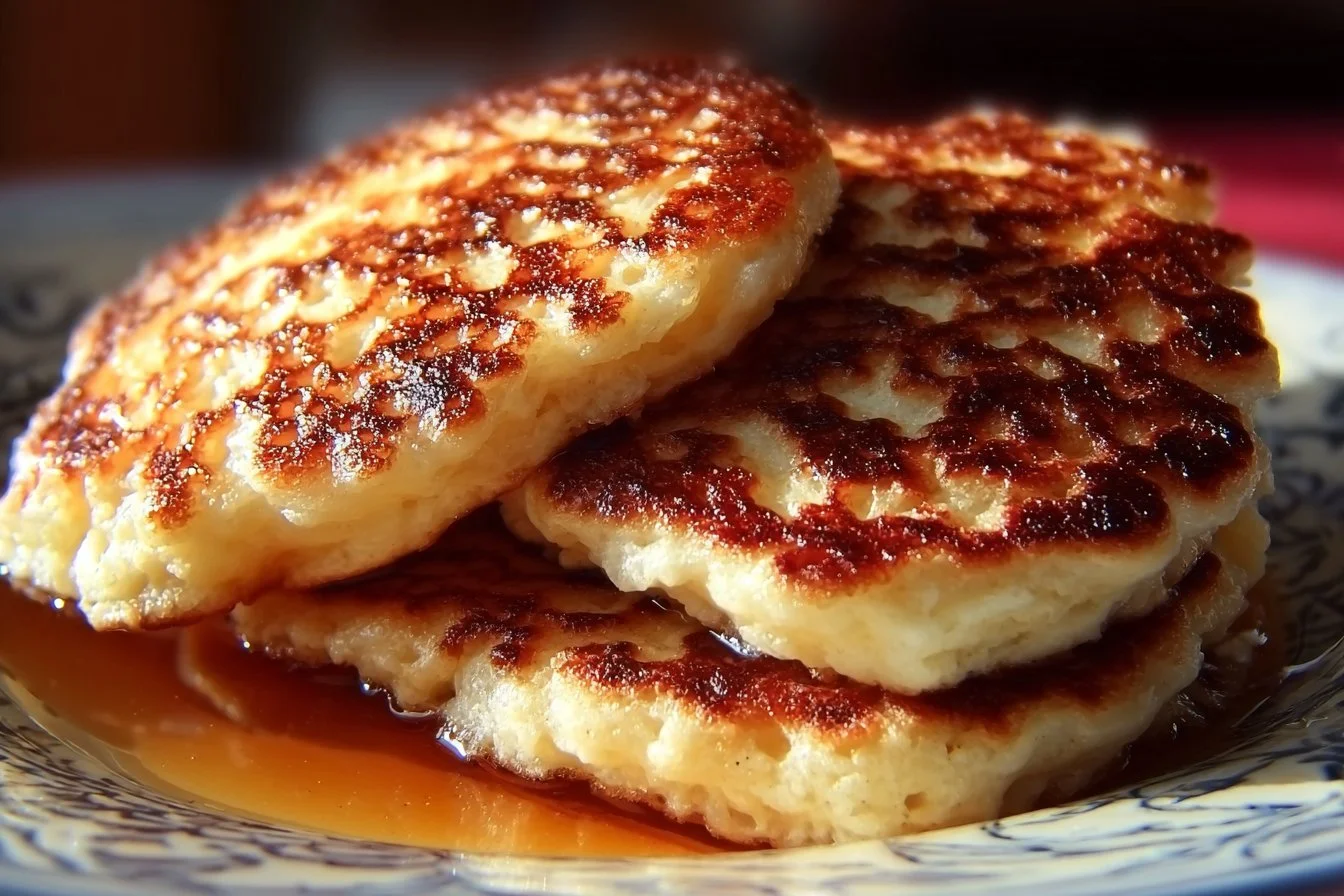 Fluffy gluten-free cottage cheese pancakes served with fresh fruit and syrup