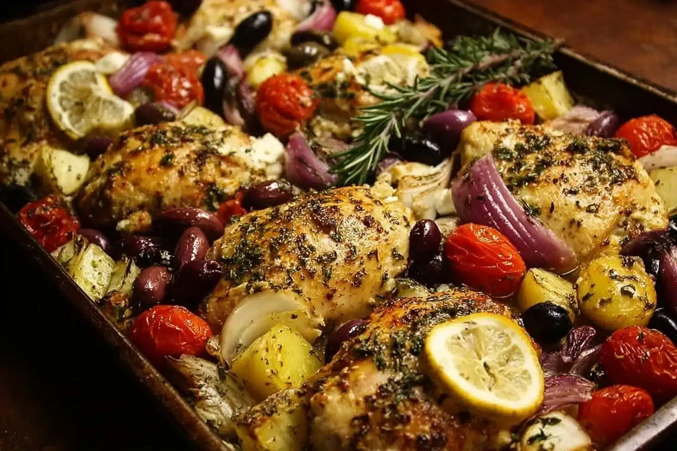 Greek Sheet Pan Chicken with vegetables on a baking tray
