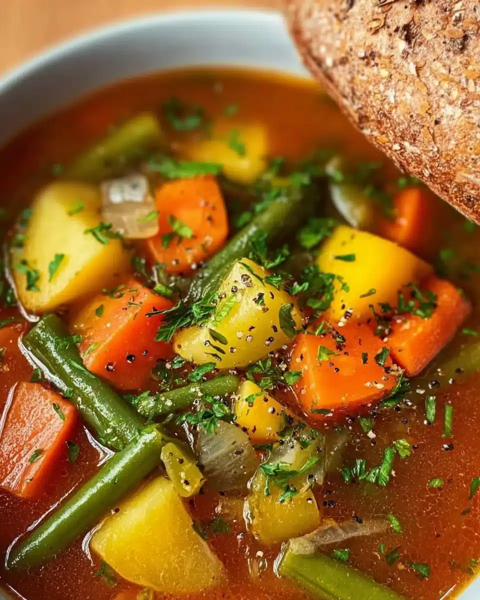 Bowl of hearty Harvest Vegetable Soup filled with fresh vegetables and herbs