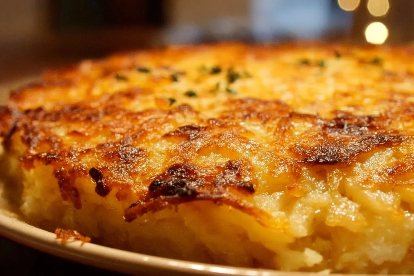 Deliciously baked hashbrown casserole topped with cheese and crispy edges