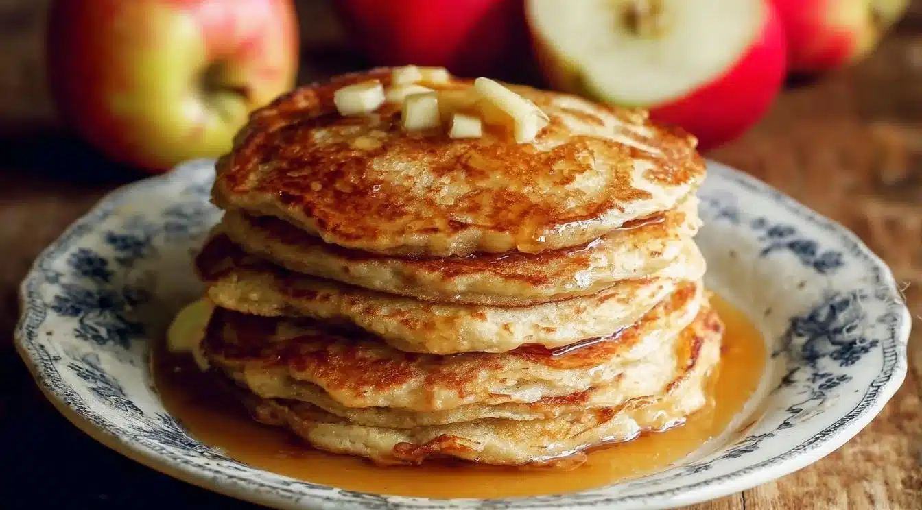 Healthy oatmeal pancakes with apples stacked on a plate