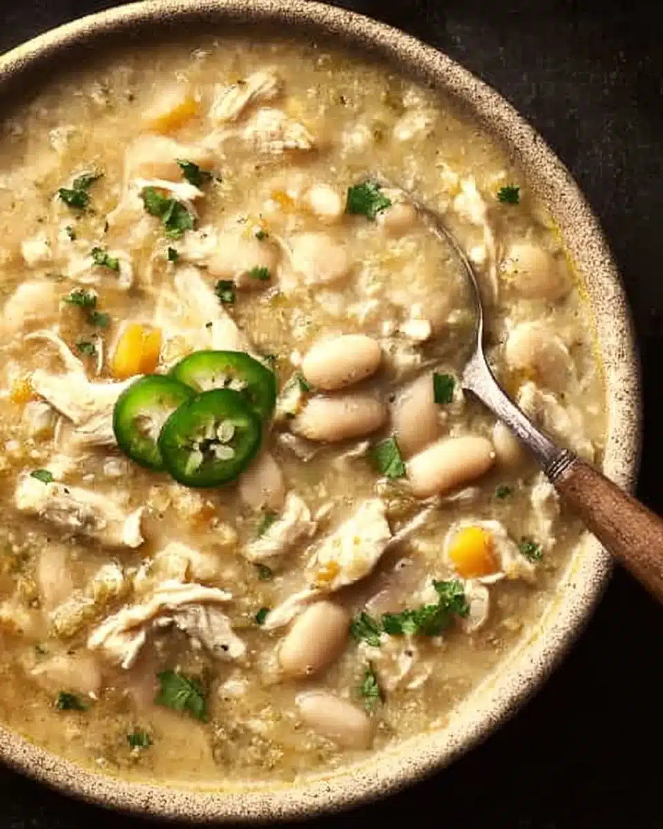 Bowl of healthy white chicken chili with fresh ingredients and toppings