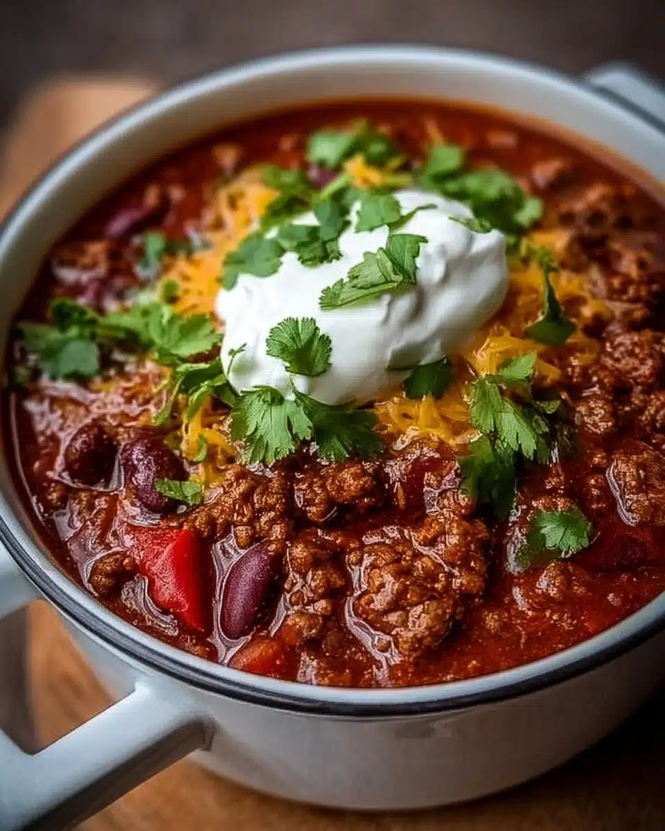 Bowl of hearty stovetop chili garnished with fresh herbs
