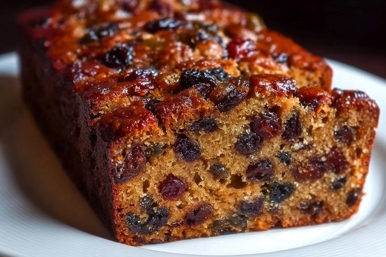 A slice of heavenly moist fruitcake with dried fruits and nuts on a plate