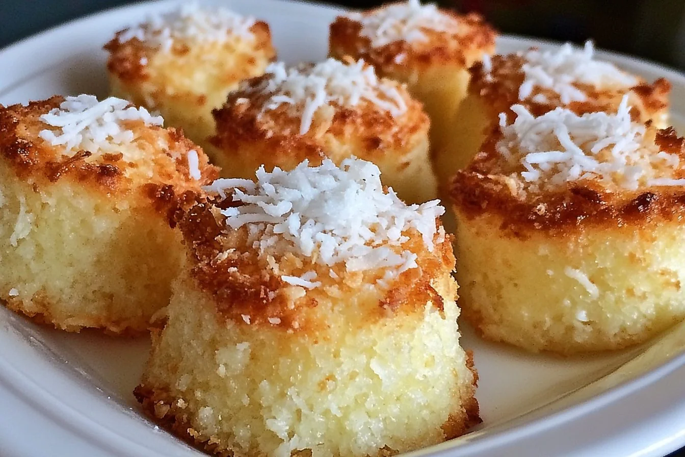 Delicious Portuguese coconut cakes topped with shredded coconut and icing