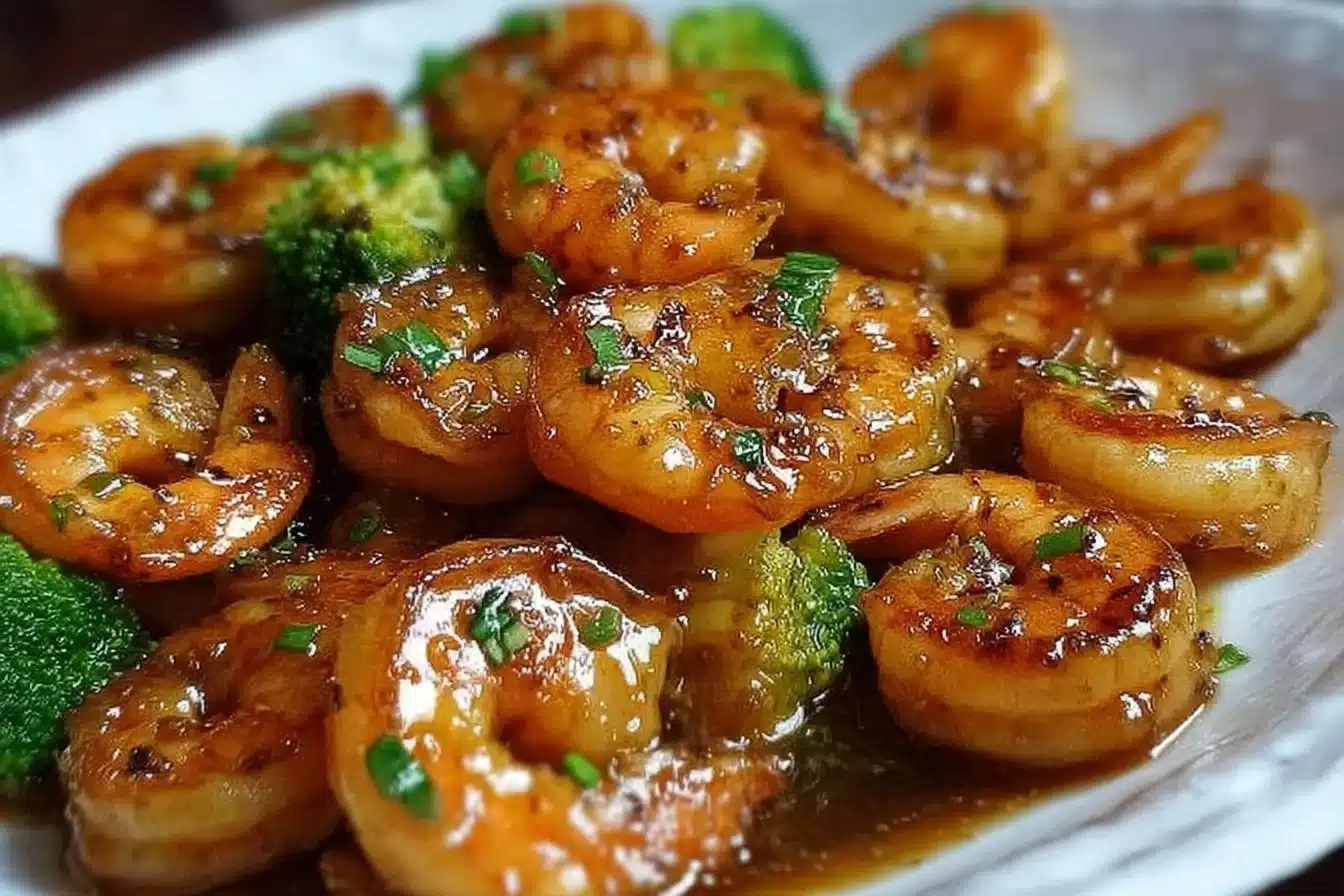 High-protein honey garlic shrimp dish served with vegetables on a plate