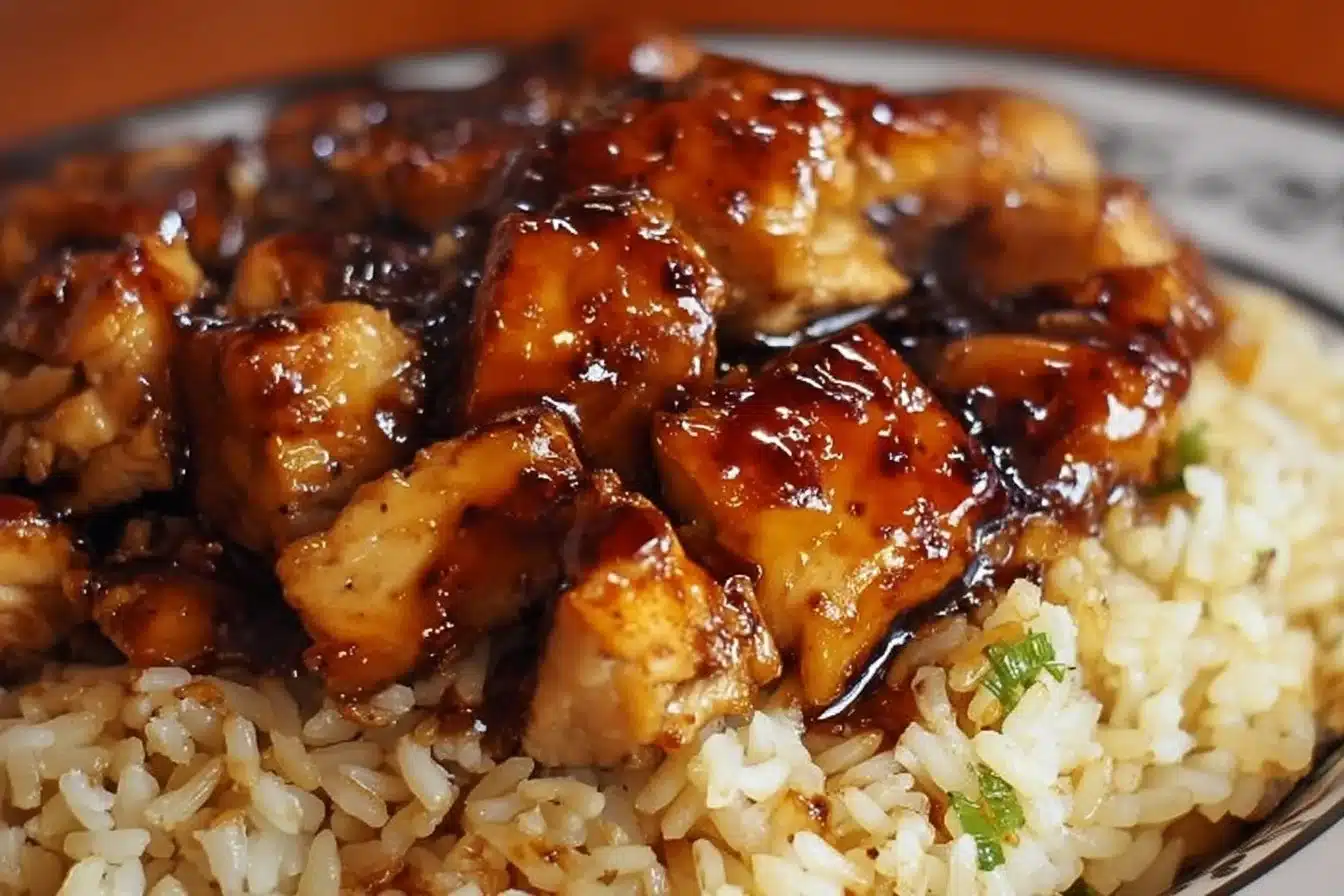 Delicious Honey BBQ Chicken Rice served in a bowl with fresh herbs and vegetables.