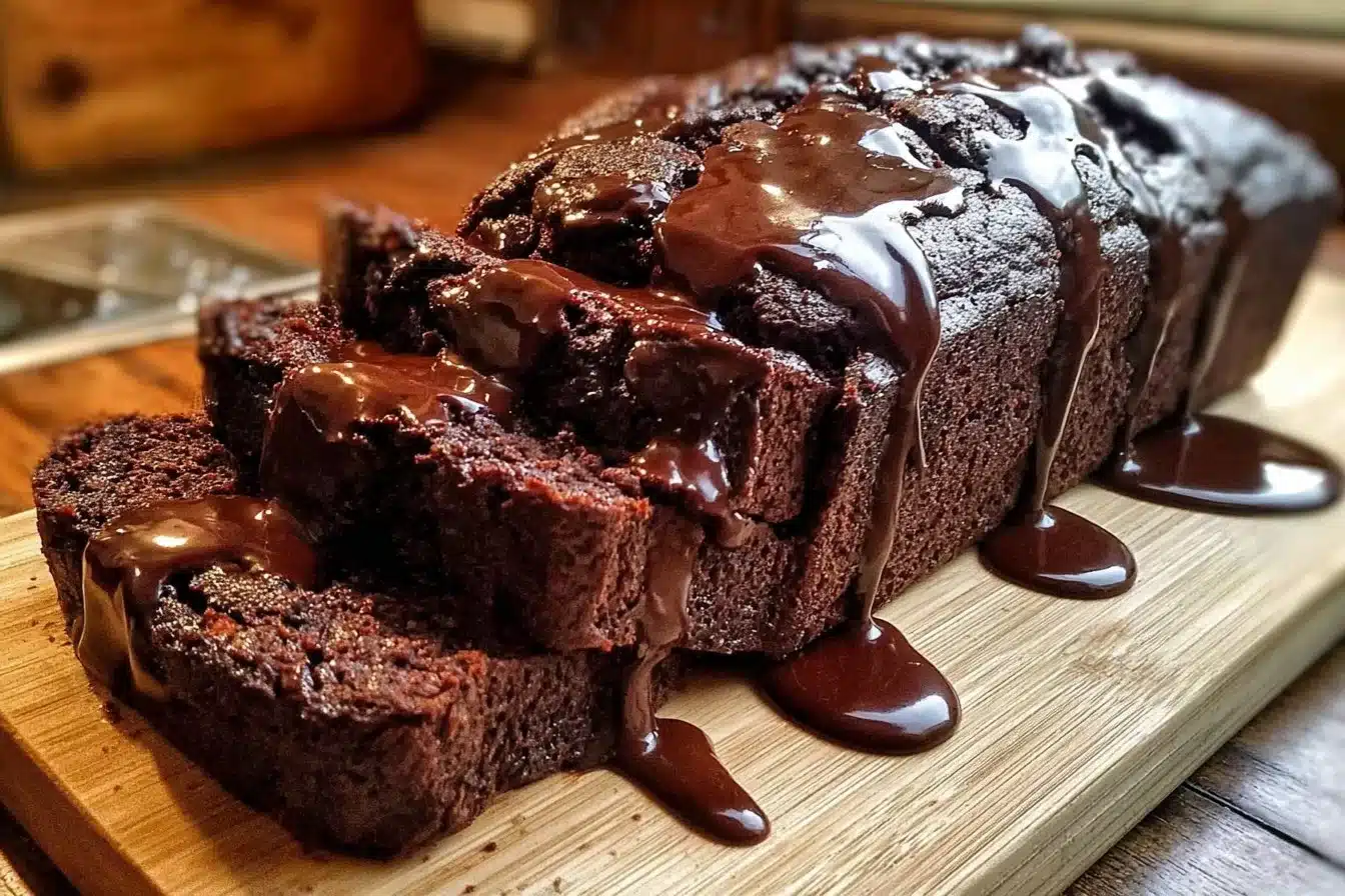 Delicious Hot Fudge Brownie Bread with chocolate glaze on a wooden table.
