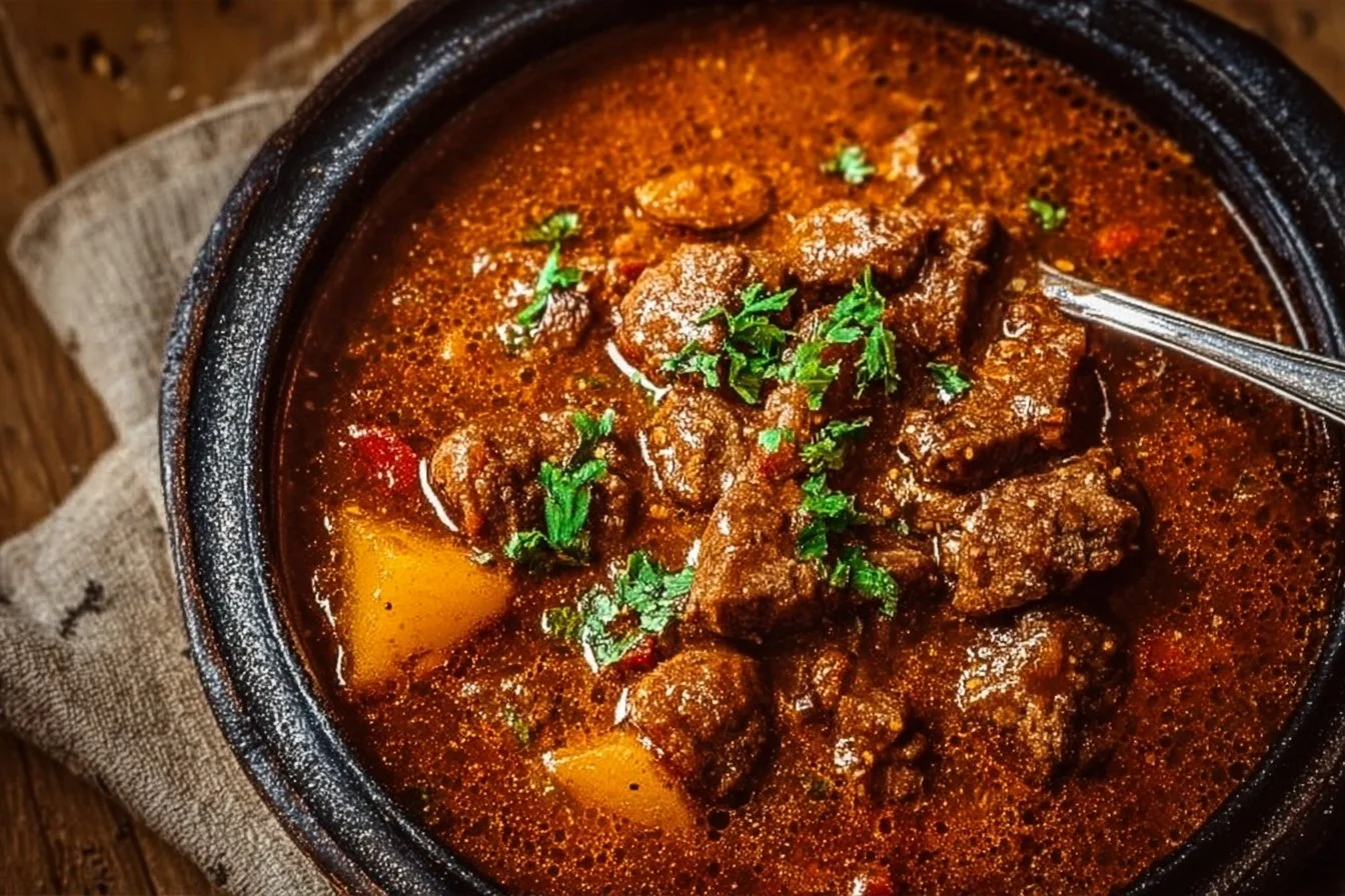 A serving of traditional Hungarian Goulash in a bowl with fresh herbs