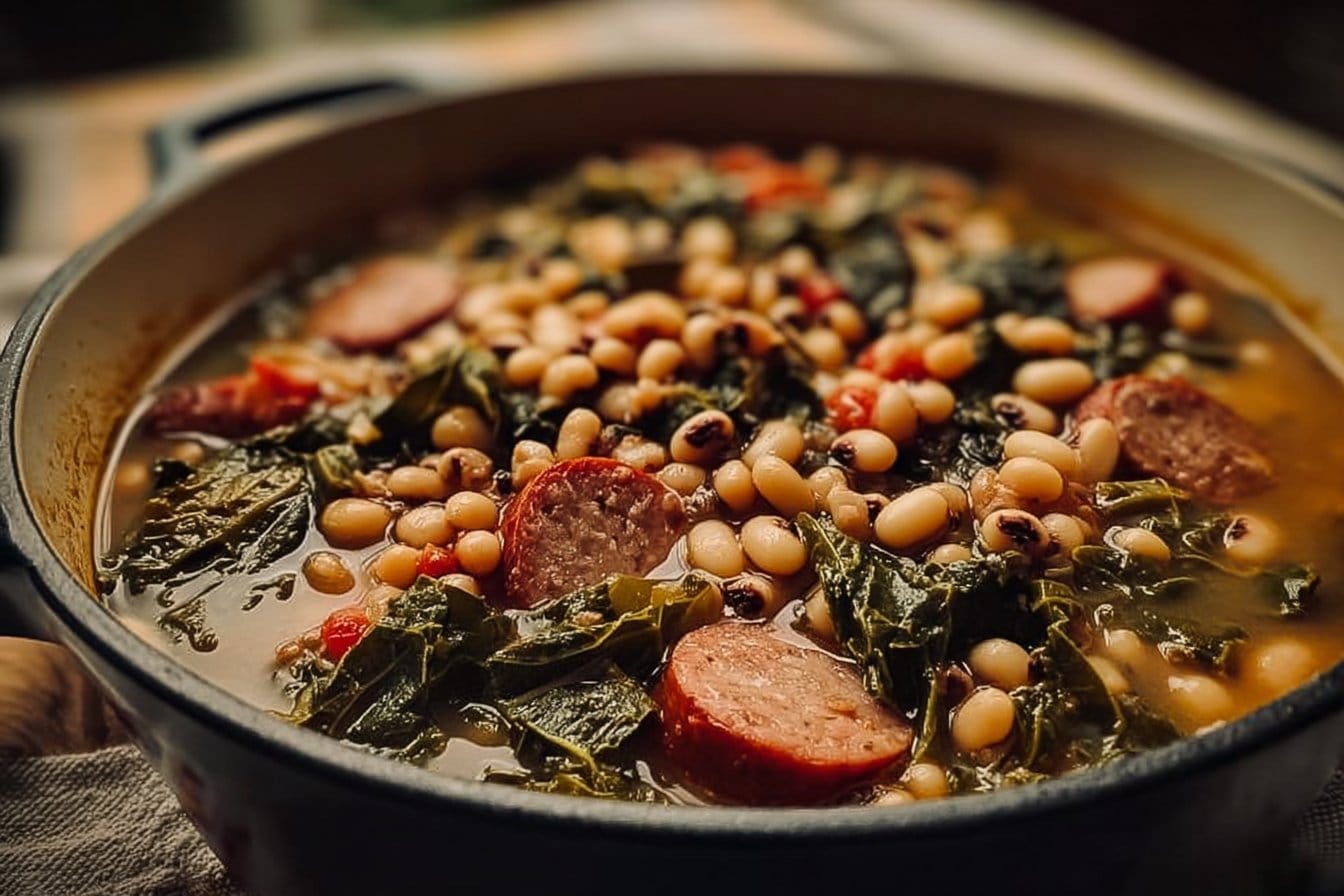 Black-eyed Peas, Sausage, and Collard Greens