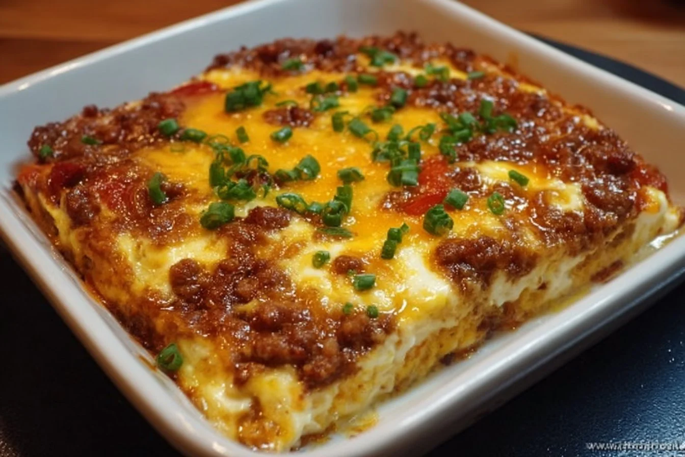 Keto Cheesy Chorizo and Egg Casserole served in a dish