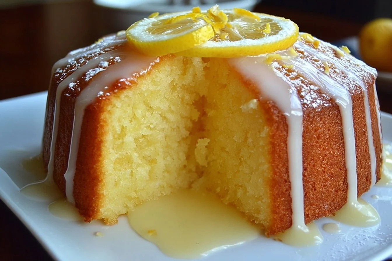 Freshly baked lemon cake topped with lemon glaze and zest.