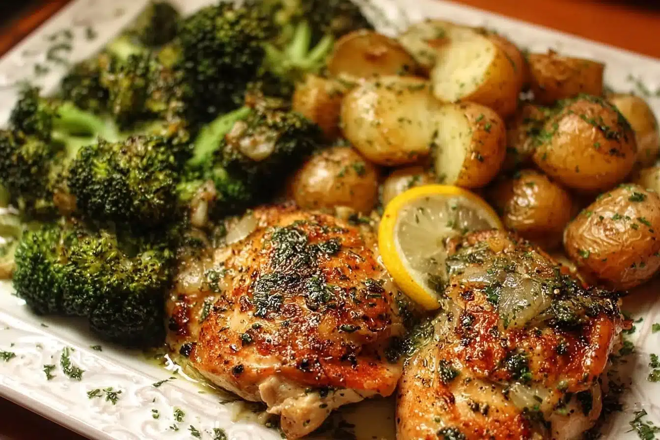 Lemon Garlic Chicken thighs with broccoli and potatoes on a plate
