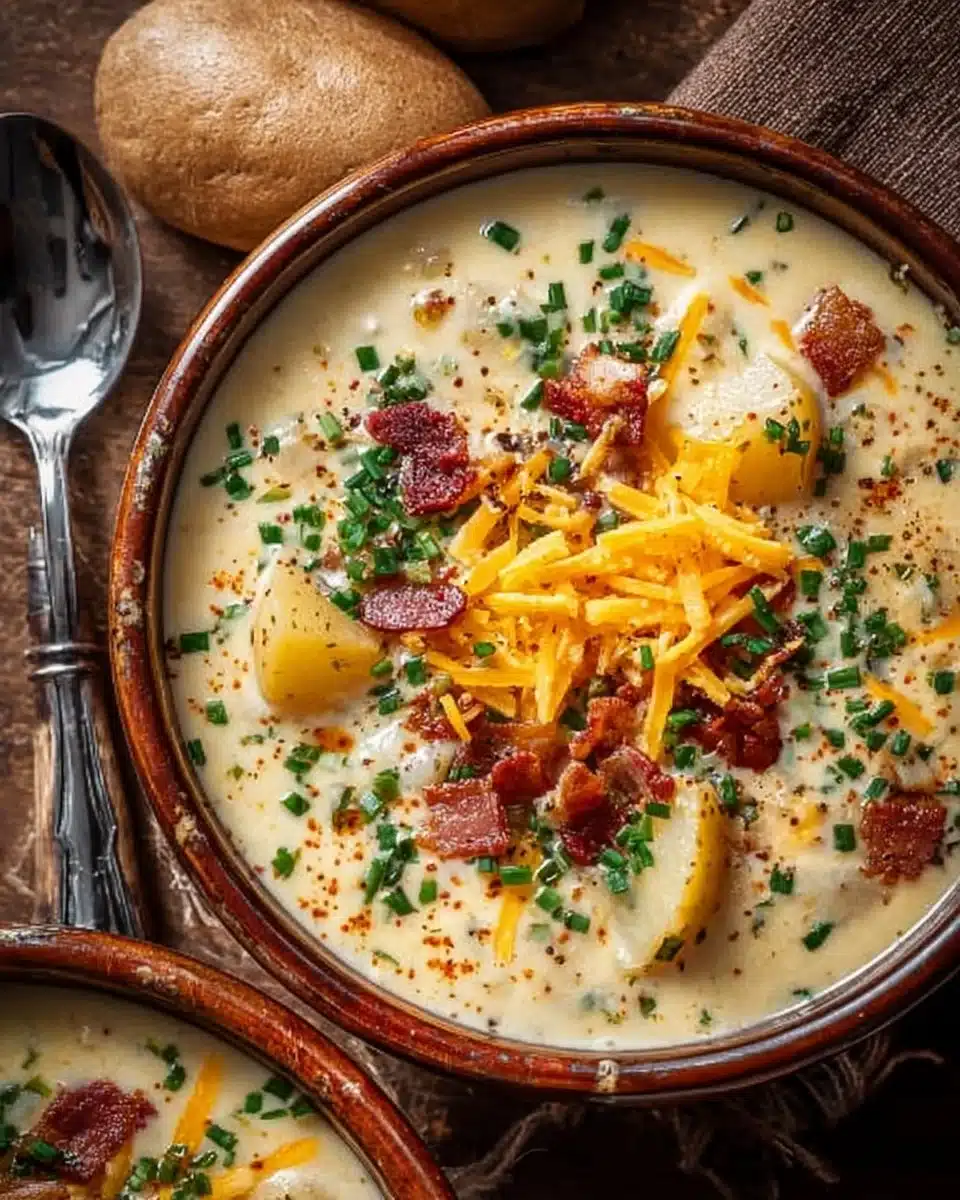 Bowl of loaded potato soup topped with cheese, bacon, and green onions