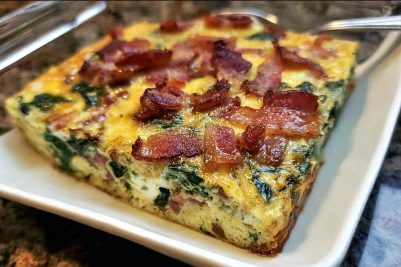 Low-carb keto breakfast casserole with bacon, eggs, and spinach in a baking dish.