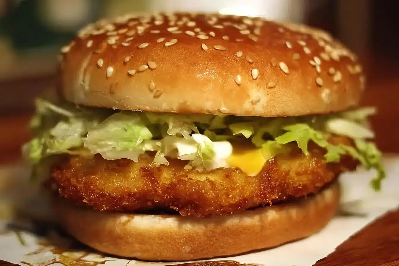 Homemade McChicken sandwich inspired by McDonald's recipe.