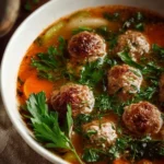 Delicious homemade meatball soup served in a bowl with fresh herbs.