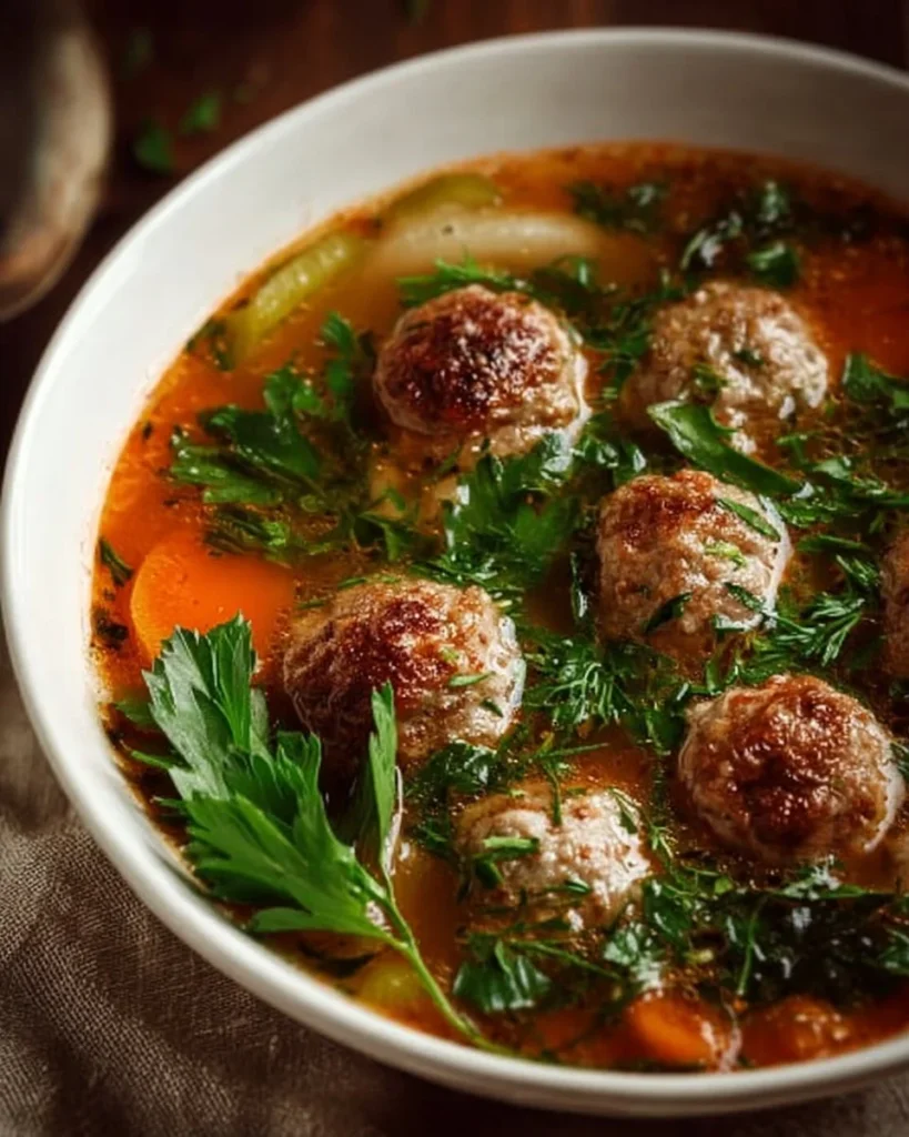 Delicious homemade meatball soup served in a bowl with fresh herbs.
