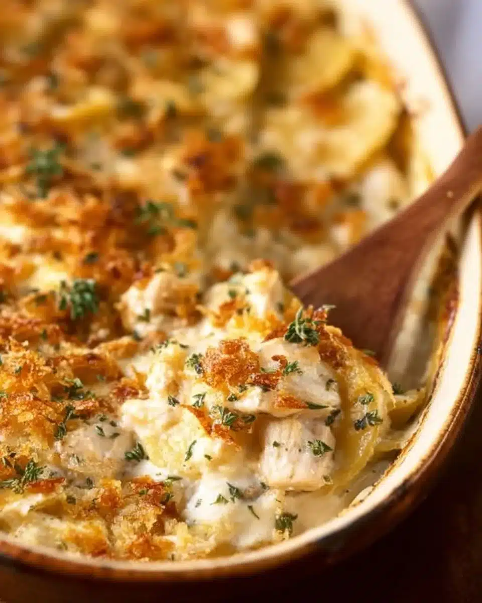 Delicious Million Dollar Chicken Casserole served in a baking dish
