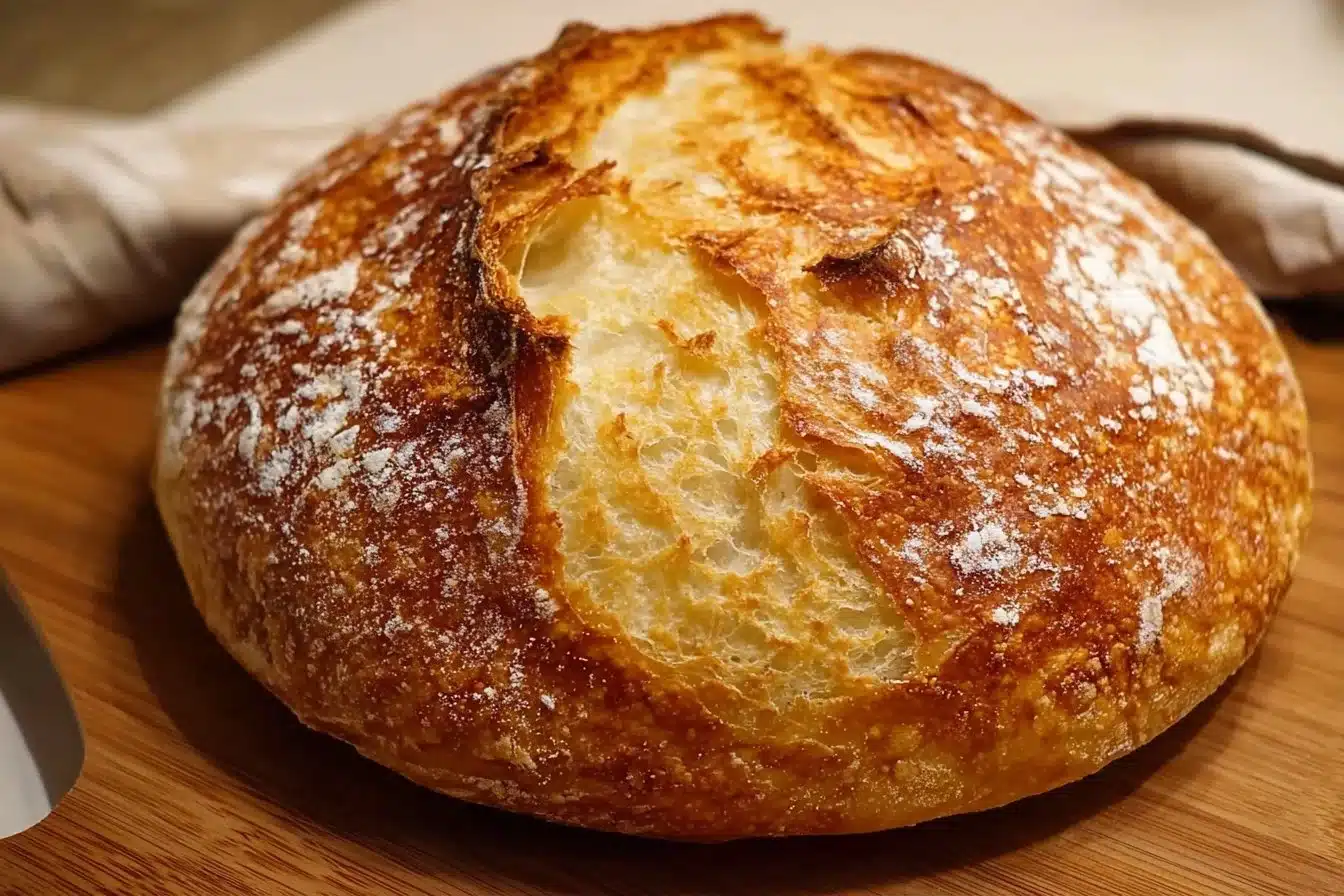 Freshly baked No Knead Dutch Oven Bread cooling on a rack.