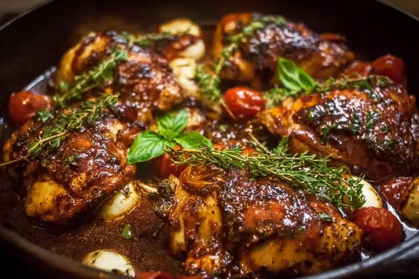 Delicious one-pan balsamic chicken served with vegetables