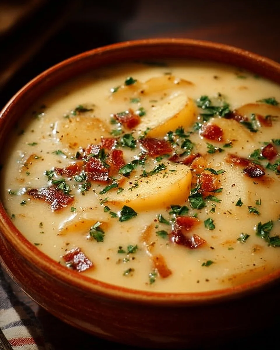 Bowl of creamy Outback Steakhouse-inspired potato soup garnished with chives.
