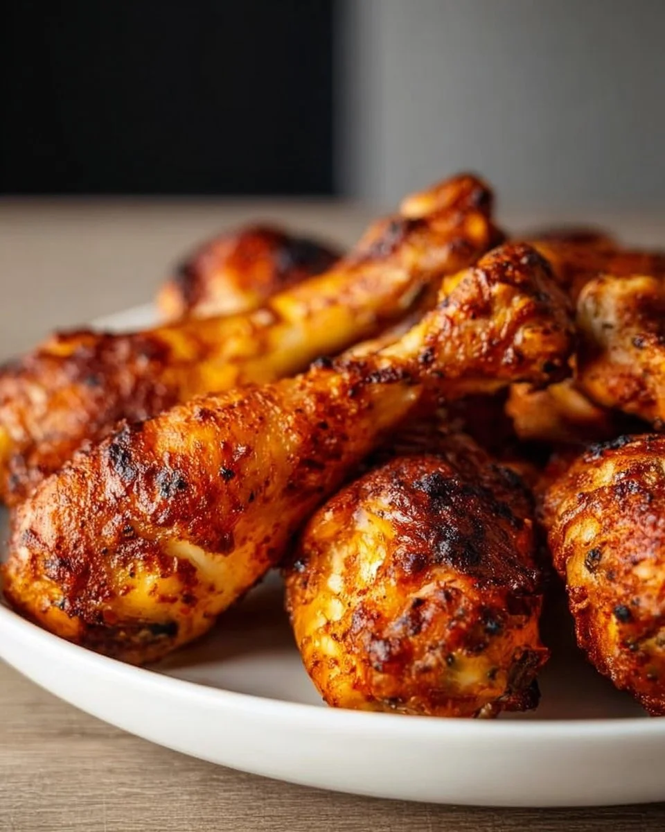 Oven baked chicken drumsticks on a plate, garnished with herbs