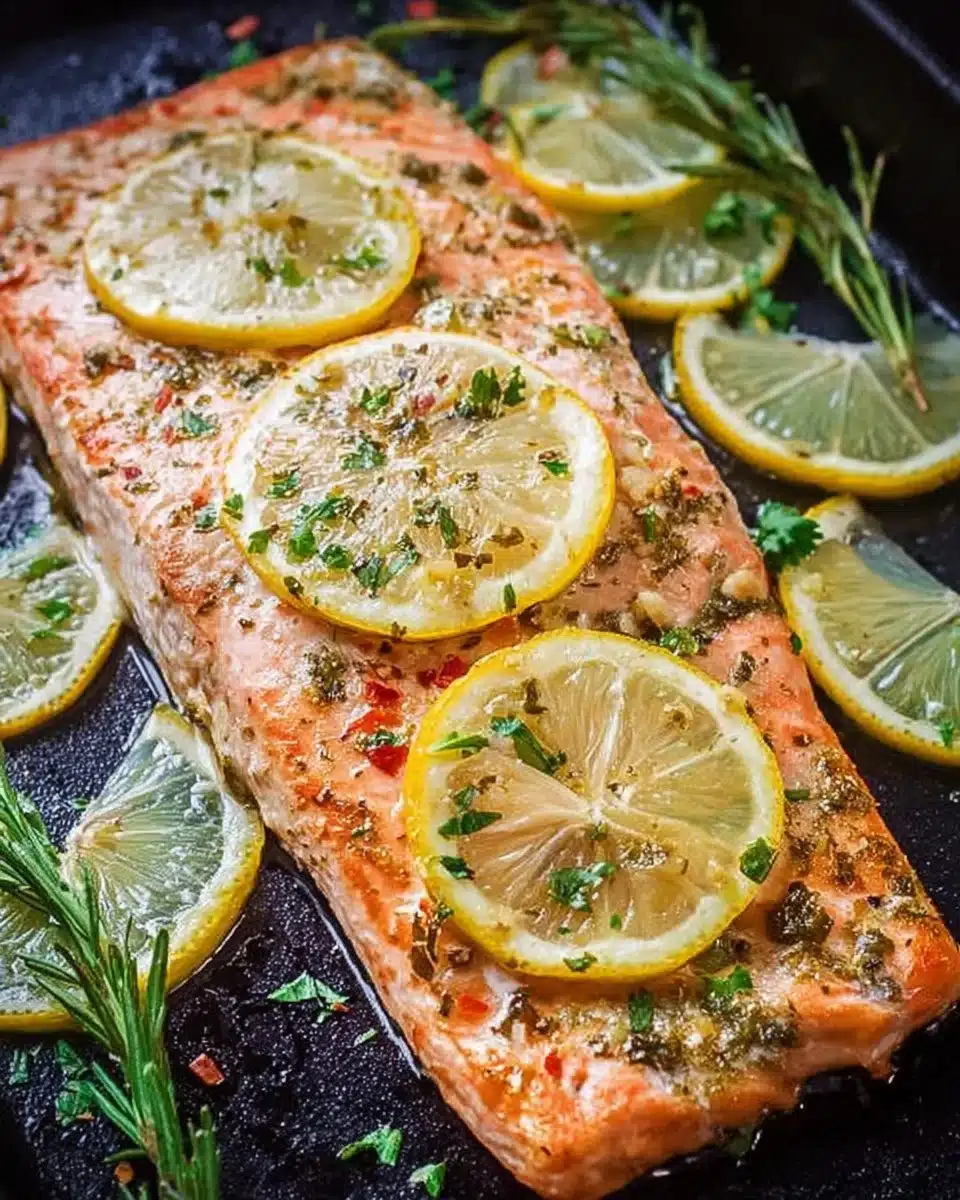 Oven roasted salmon garnished with herbs and lemon, served on a plate.