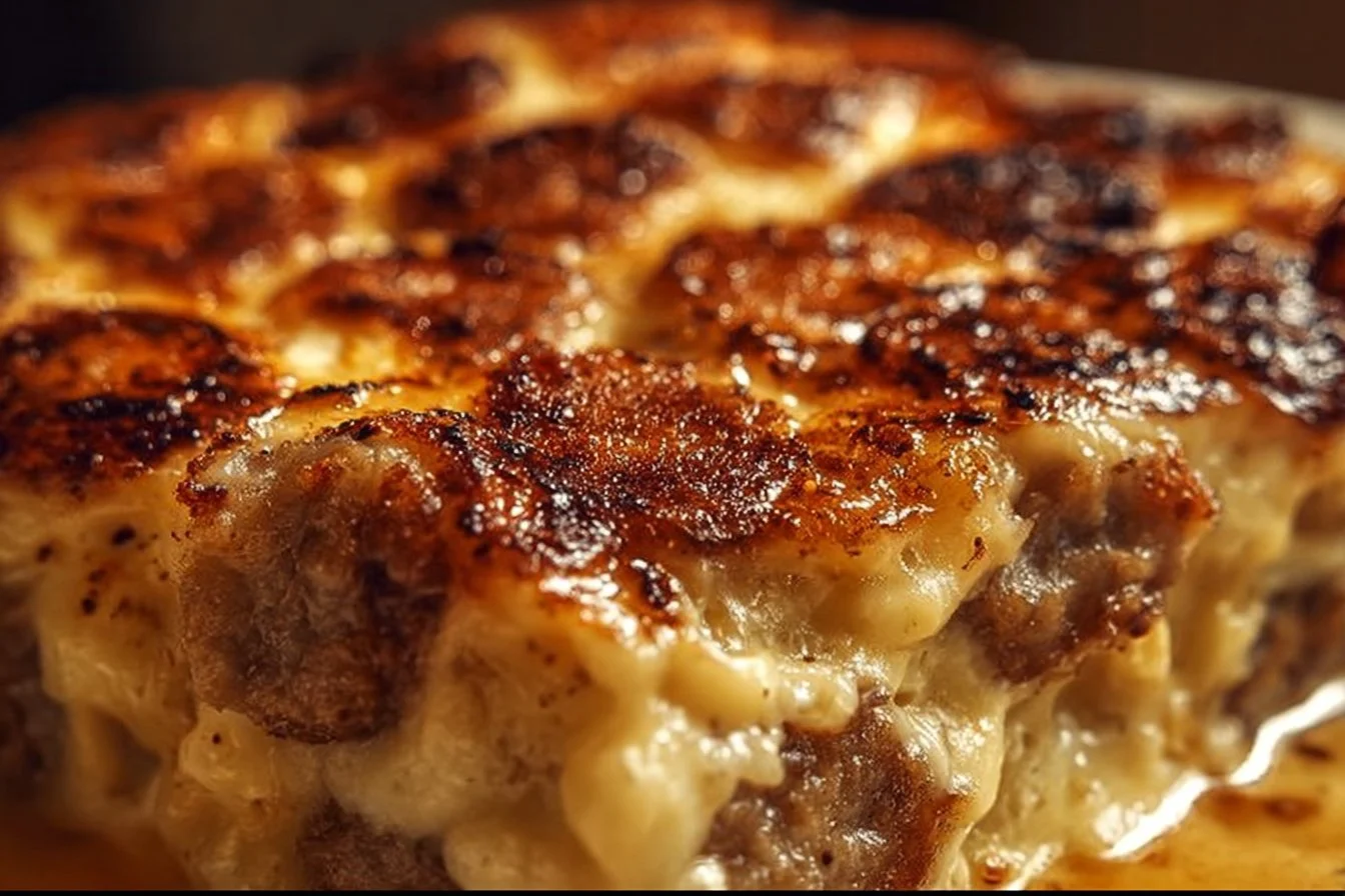 Delicious pancake sausage casserole with syrup drizzled on top