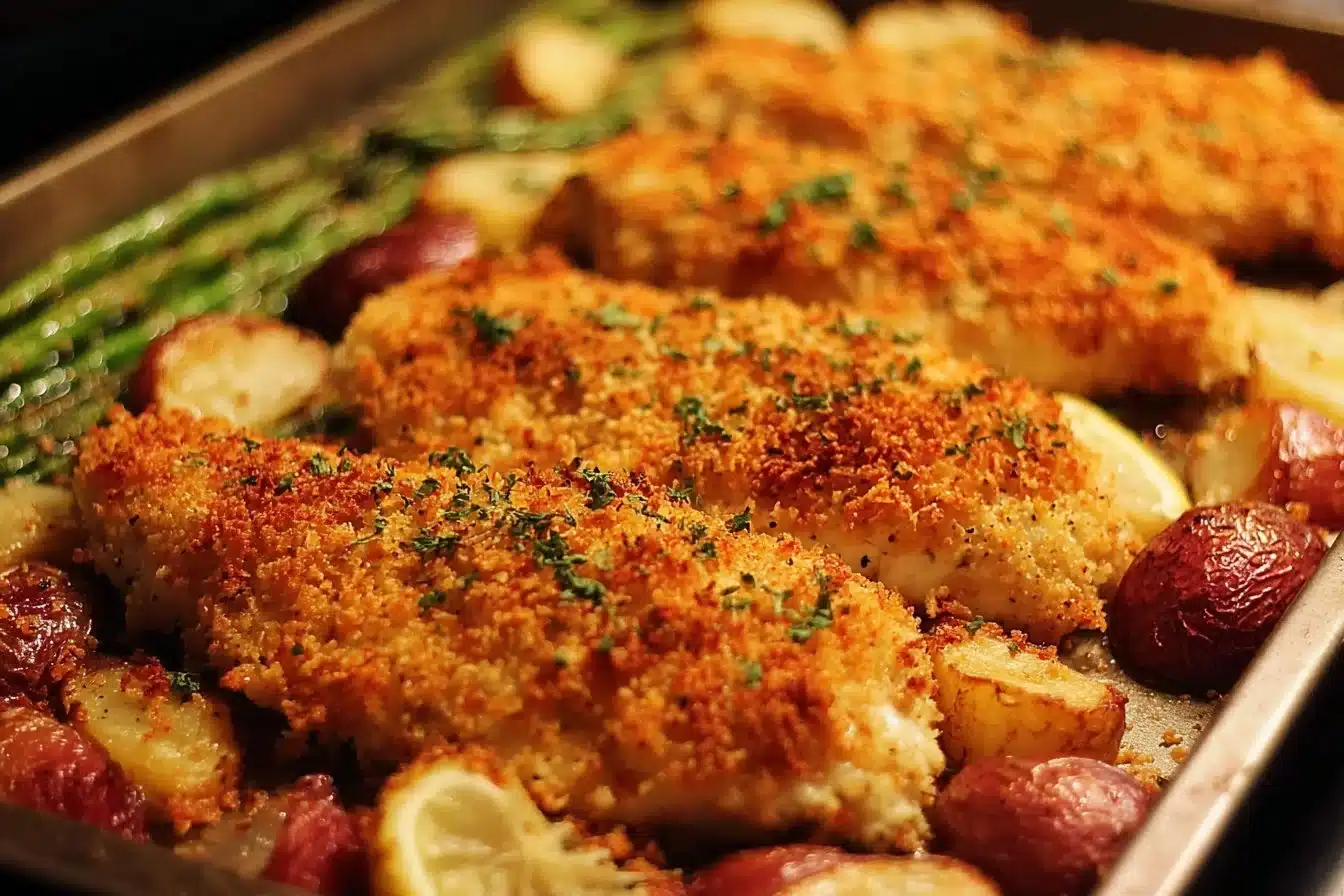 Parmesan Crusted Chicken Sheet Pan Dinner with fresh vegetables