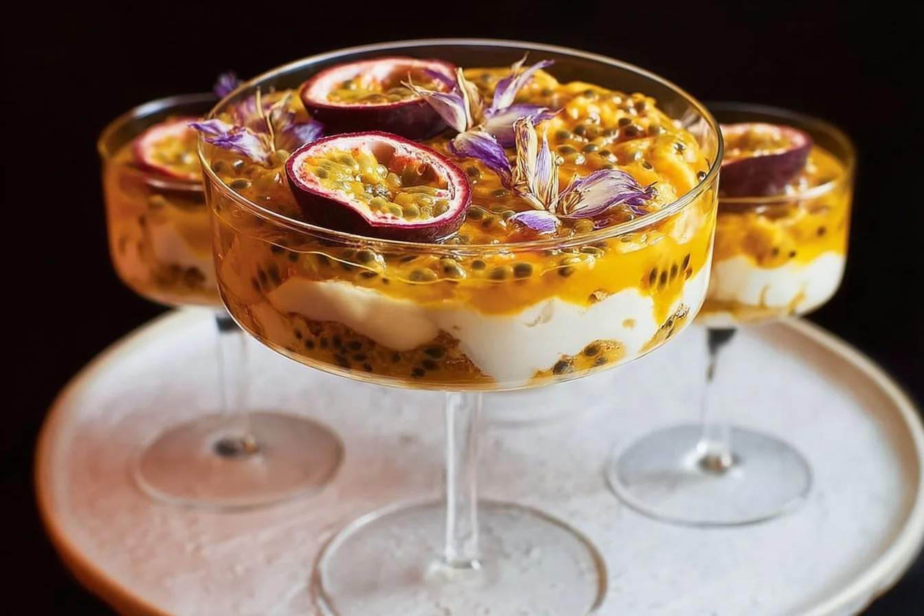 Delicious Passion Fruit Ganache Trifle served in a clear glass dessert bowl.