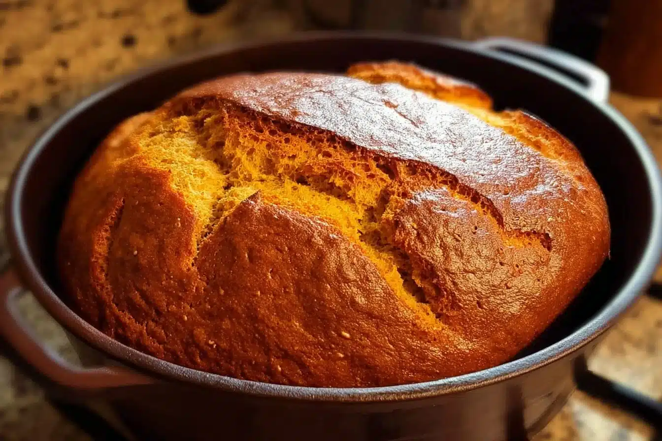 Freshly baked Dutch oven pumpkin bread with spices and texture