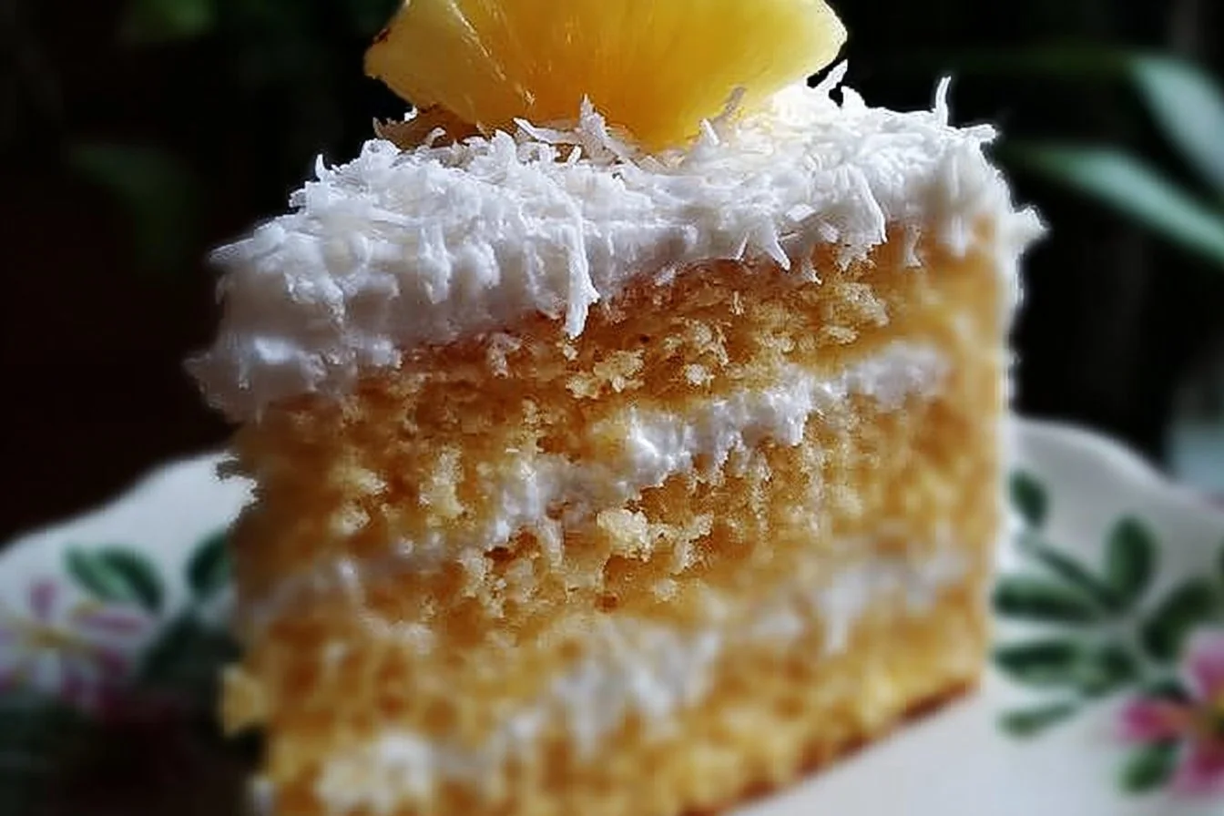 Slice of pineapple coconut dream cake topped with fresh pineapple and coconut flakes