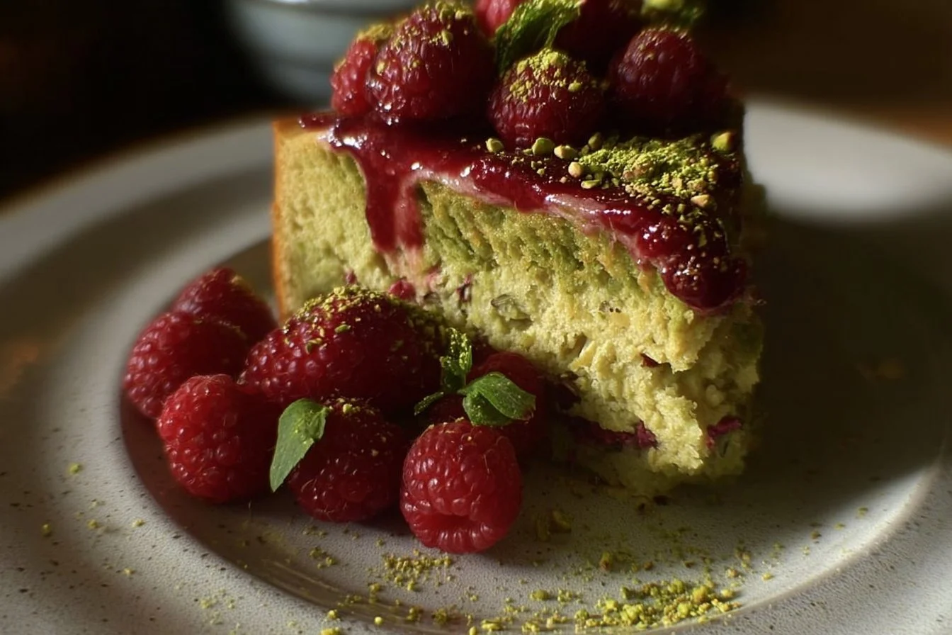 Pistachio Raspberry Cake with fresh raspberries and creamy frosting
