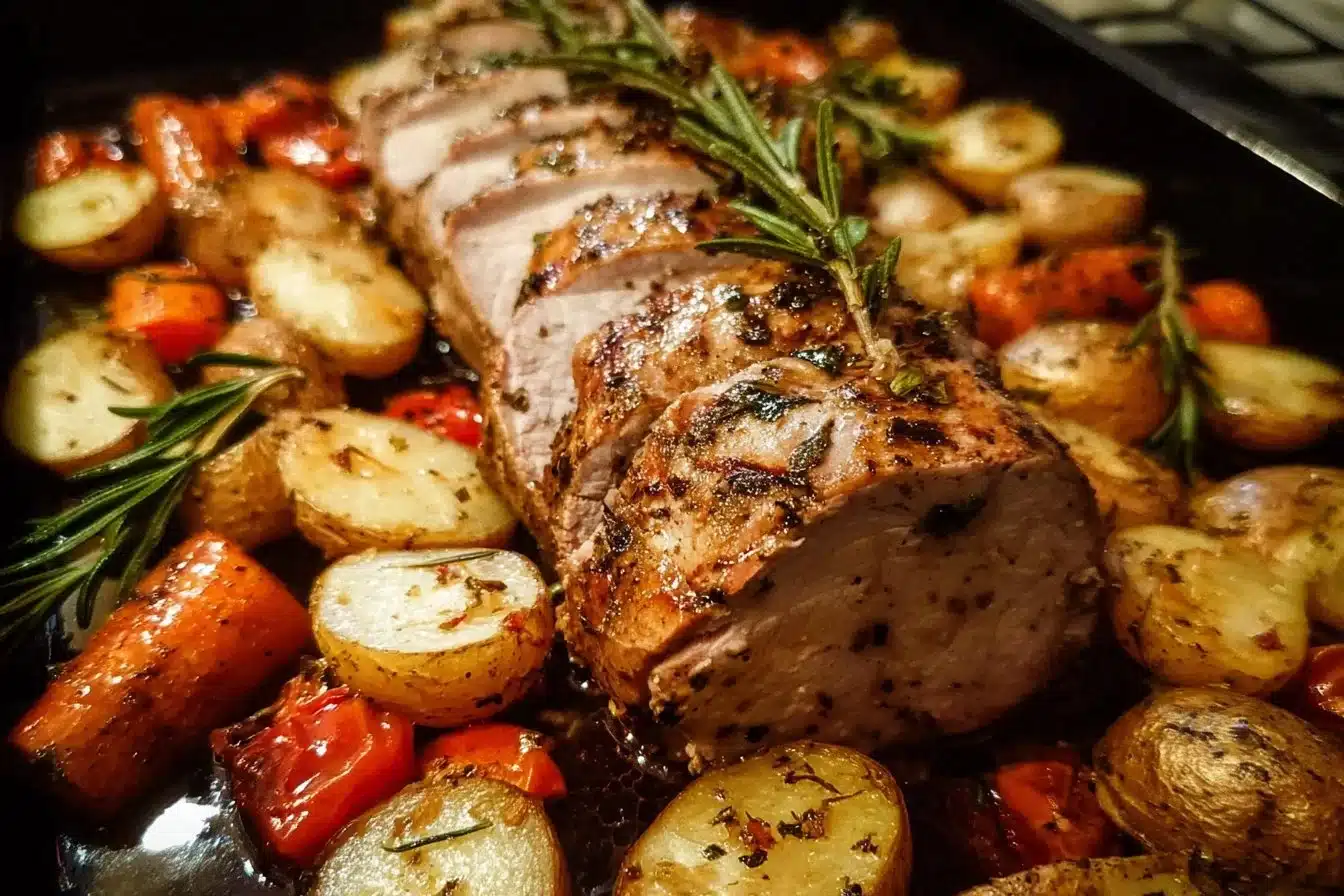 Delicious pork tenderloin sheet pan dinner with vegetables