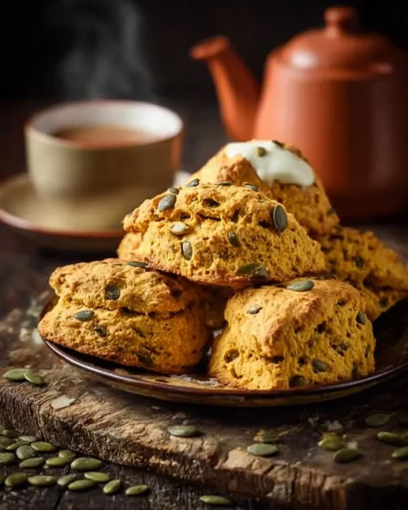 Delicious pumpkin cardamom scones freshly baked and served on a plate.